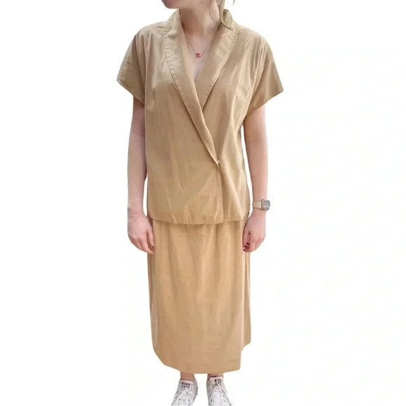 RONA New York camel faux-suede 2-piece set – wrap shawl-collar top + midi skirt - Picture 3 of 10